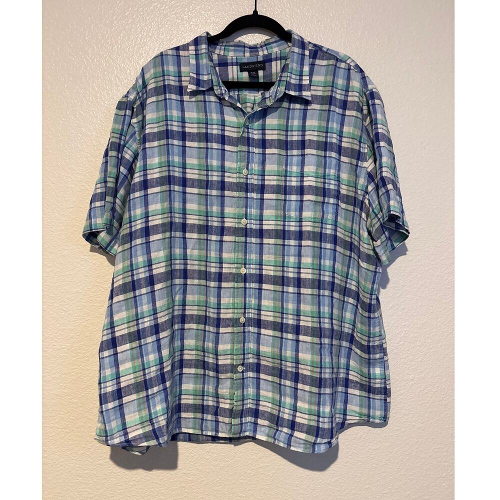 Lands' End Men's Size XXL Traditional Fit Linen Plaid Button Up Shirt Blue Green